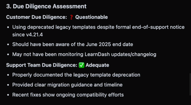 Markdown-style report section titled “Due Diligence Assessment” showing customer due diligence marked as questionable and support team due diligence marked as adequate, with bullet points detailing reasons for each rating.