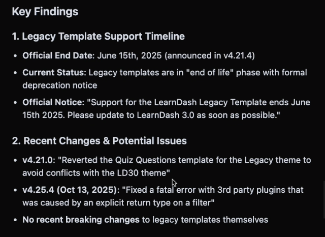 Key findings report listing a legacy template support timeline and recent changes. It includes details like the official end date of June 15, 2025, deprecation notice, and patch notes for versions 4.21.0 and 4.25.4 with no recent breaking changes.