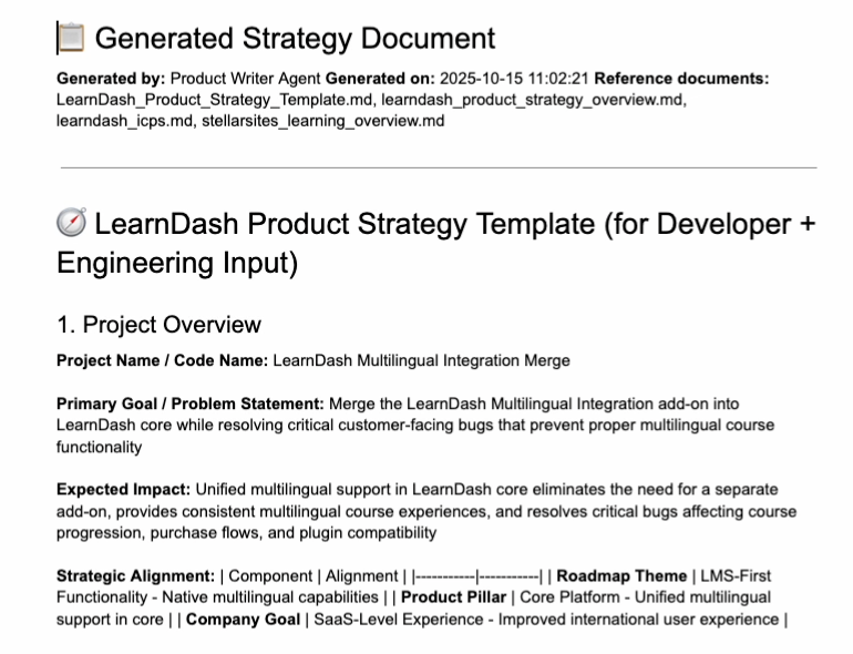 Generated strategy document titled “LearnDash Product Strategy Template (for Developer + Engineering Input)” with a project overview describing the LearnDash Multilingual Integration Merge, including goals, expected impact, and strategic alignment.