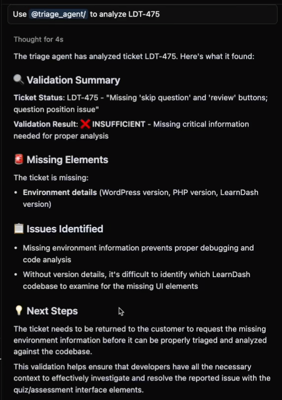 Validation summary report from a triage agent for ticket LDT-475, marked as insufficient due to missing environment details. Includes sections for missing elements, issues identified, and next steps recommending customer follow-up for missing data.